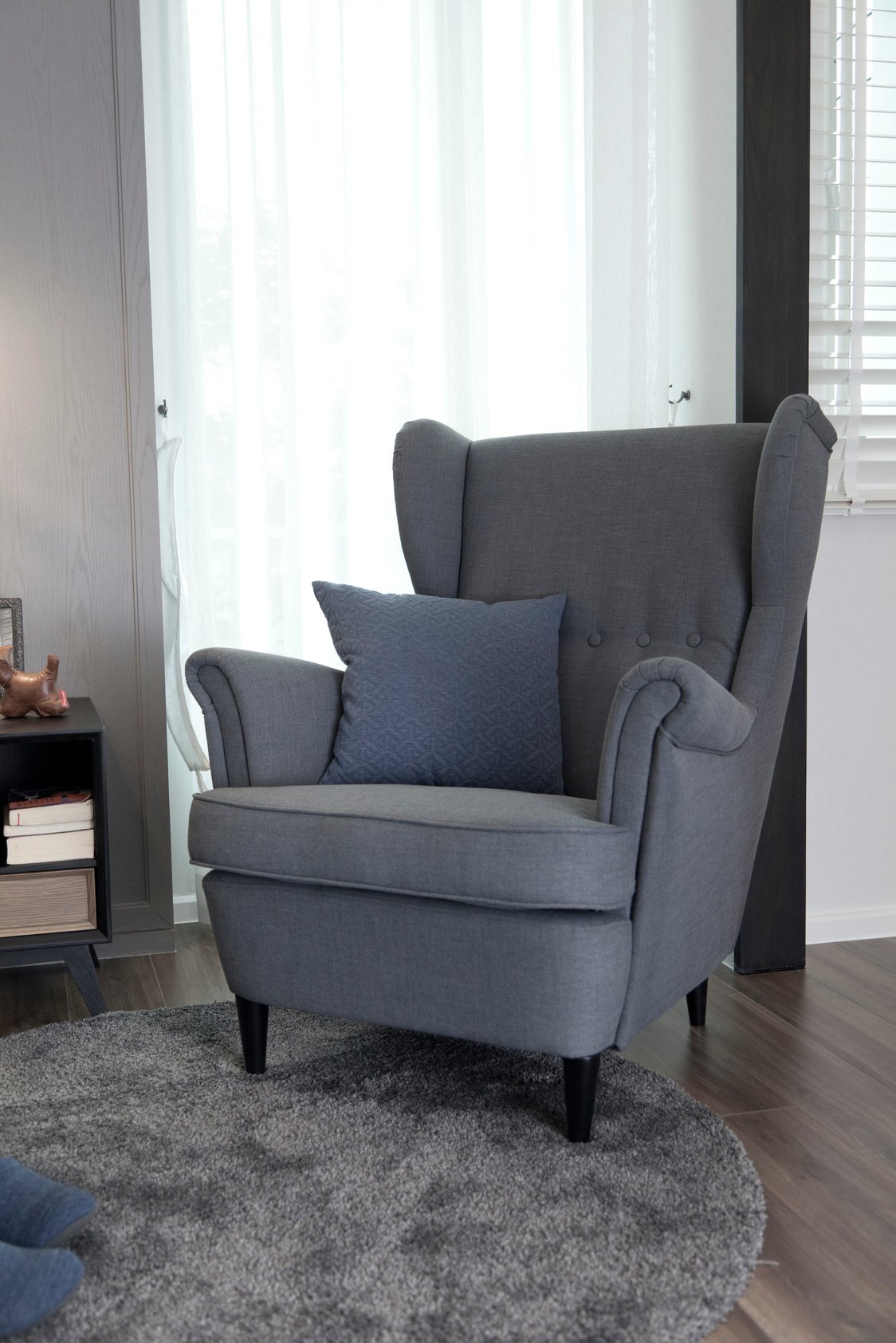 grey armchair